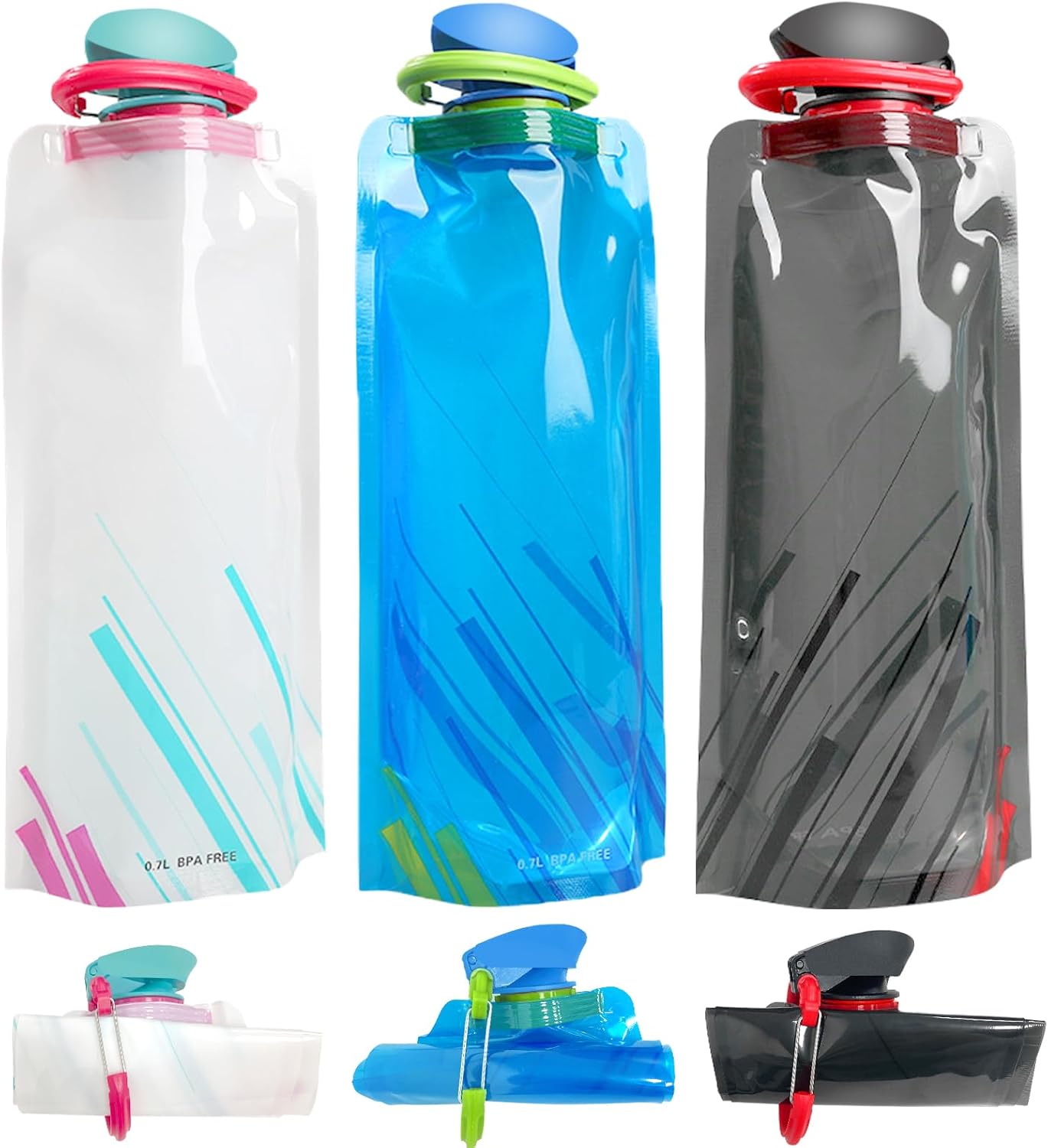 (3 Pack) 700ml Large Foldable Water Bottle Fully Collapsible Stock Bottle, Portable Water Bottle for Running Cycling outdoor (Black, Blue, White