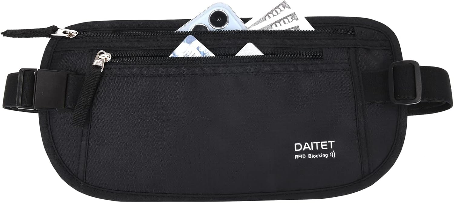 Money Belt - Passport Holder Secure Hidden Travel Wallet with RFID Blocking, Undercover Fanny Pack (Black)