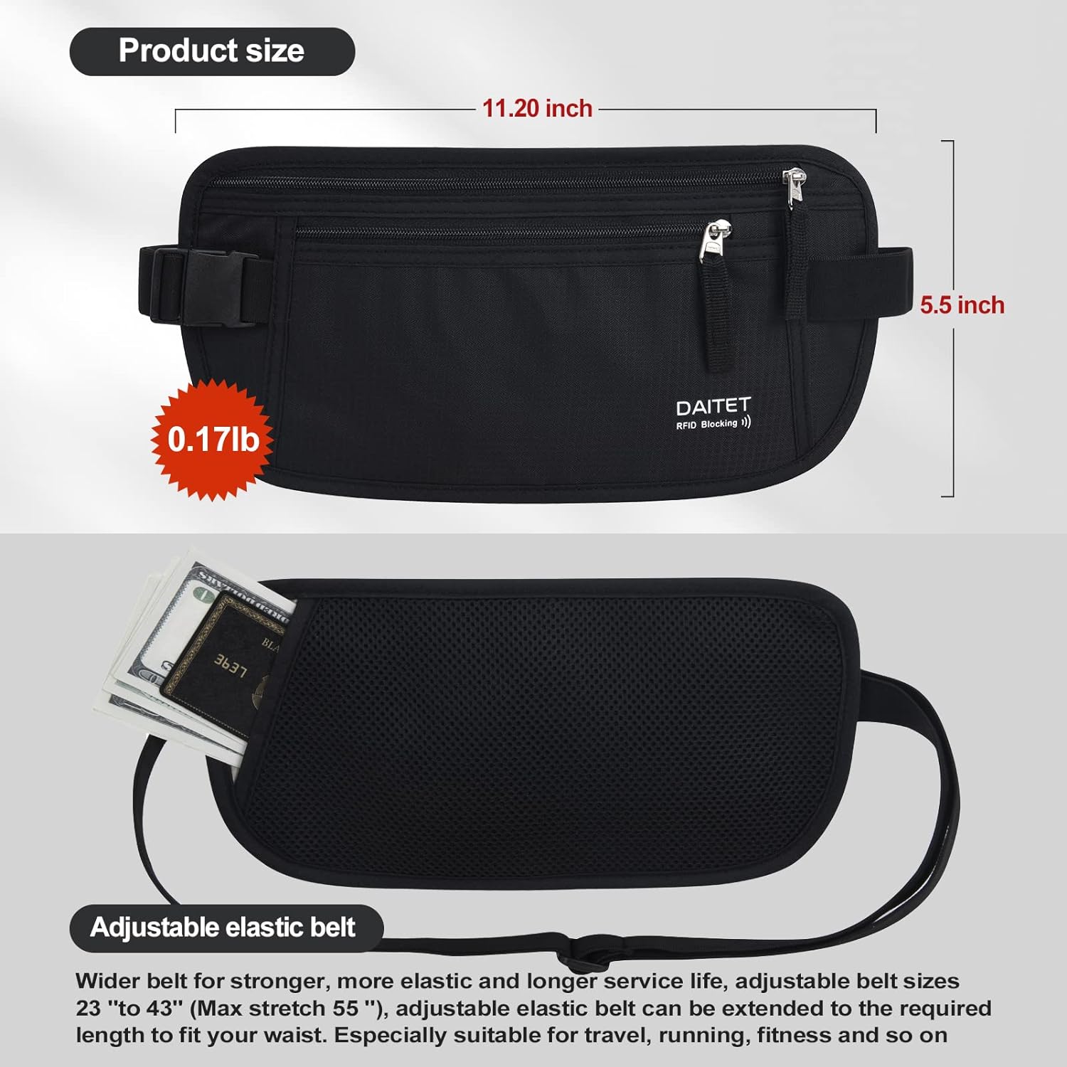 Money Belt - Passport Holder Secure Hidden Travel Wallet with RFID Blocking, Undercover Fanny Pack (Black) - Image 4