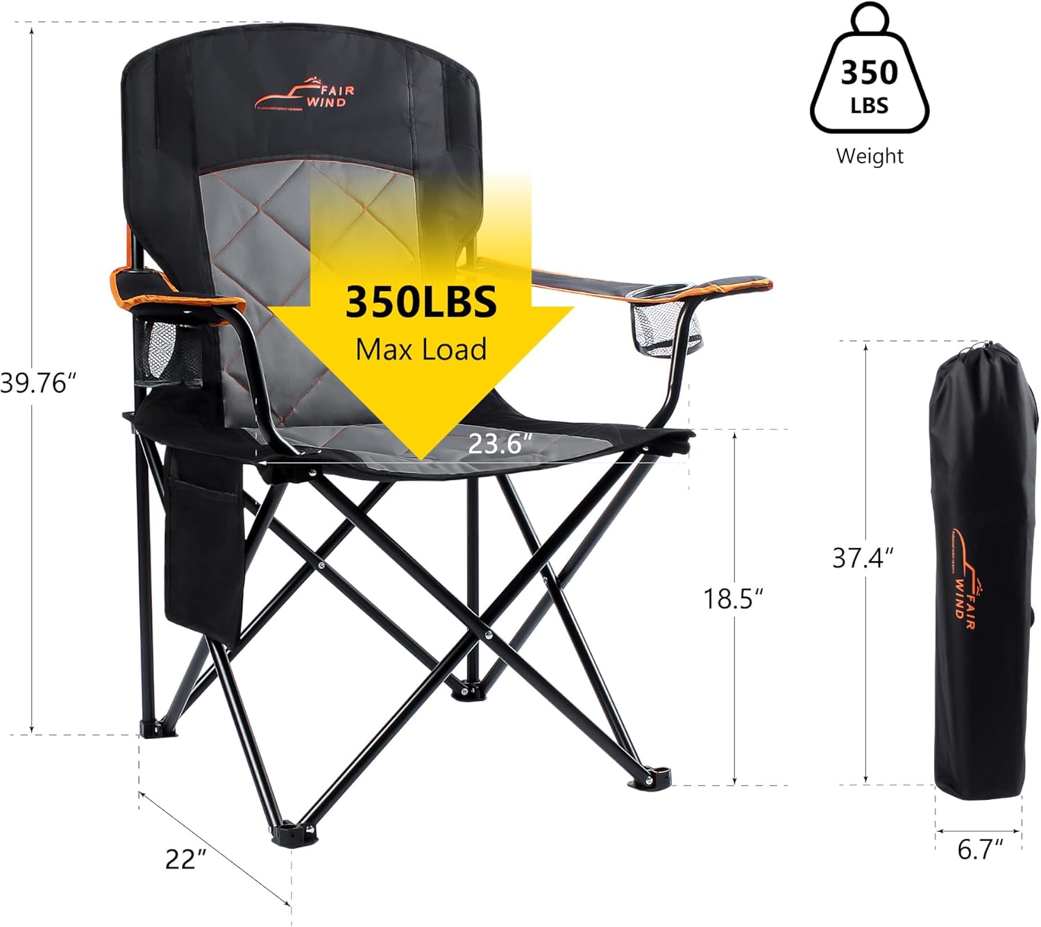 FAIR WIND 2 Pack Oversized Fully Padded Camping Chair Heavy Duty Quad Fold Arm Chair Support 350 LBS with Cup Holder, Collapsible Lumbar Back Chair Portable for Outdoor, Black - Image 3