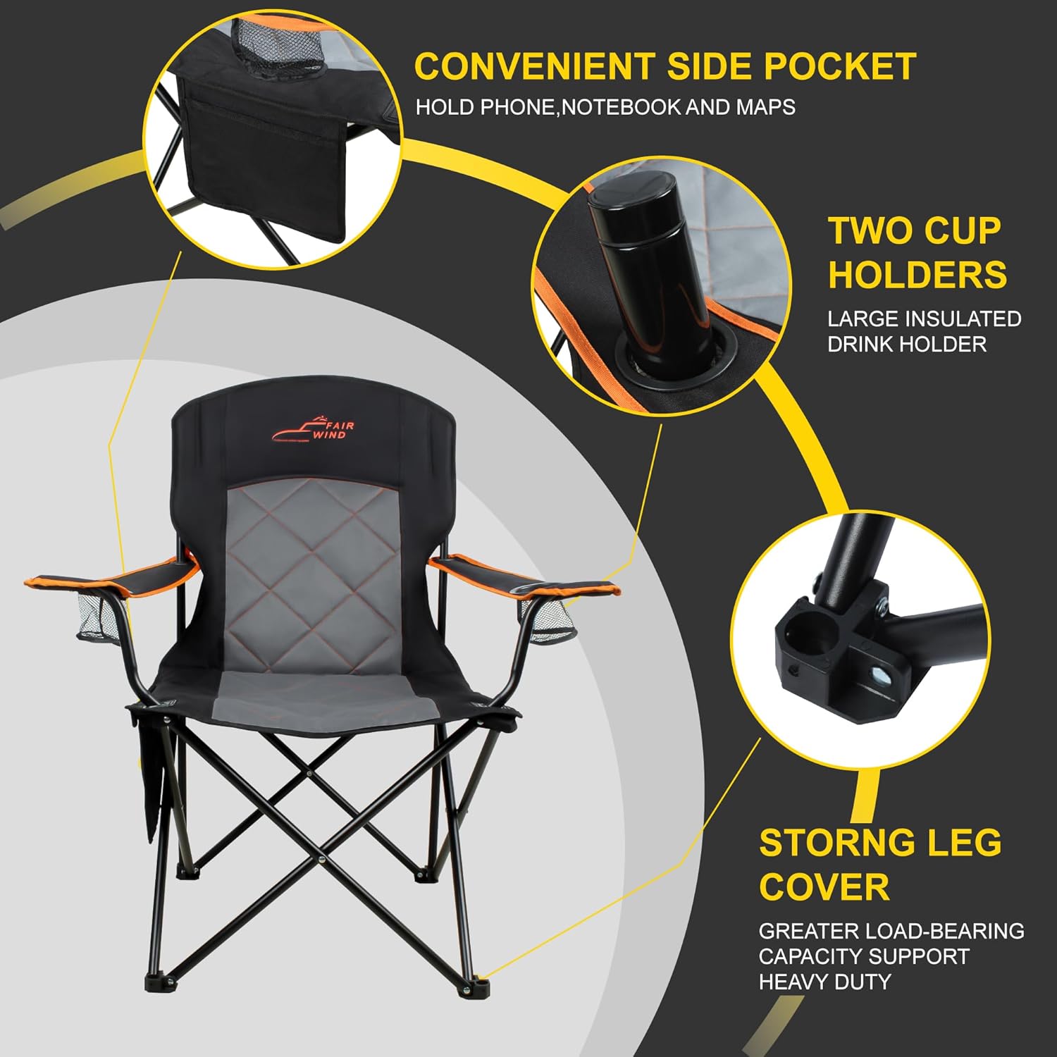 FAIR WIND 2 Pack Oversized Fully Padded Camping Chair Heavy Duty Quad Fold Arm Chair Support 350 LBS with Cup Holder, Collapsible Lumbar Back Chair Portable for Outdoor, Black - Image 5