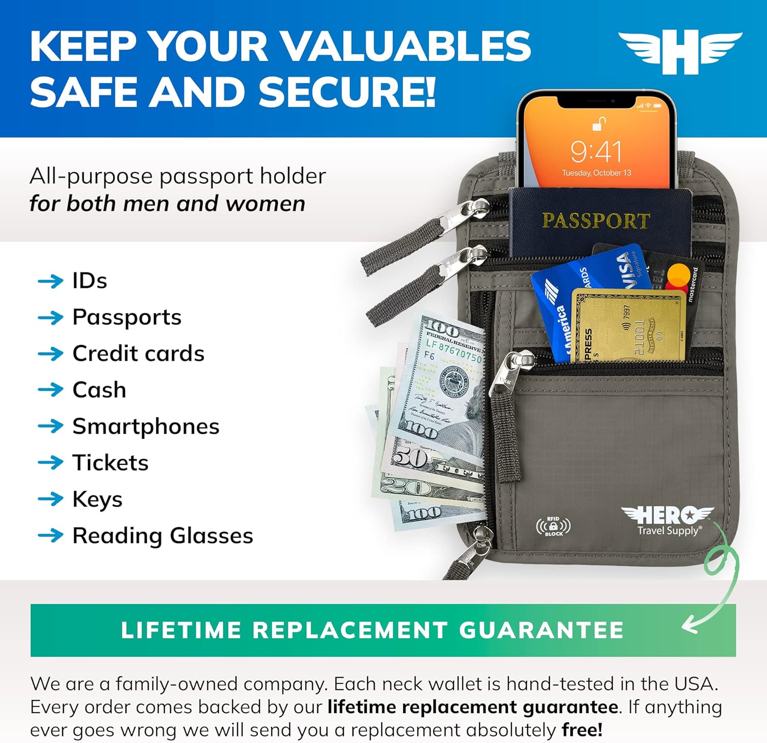 HERO Neck Wallet – RFID Blocking Passport Holder – Easy to Conceal Travel Pouch - Image 2