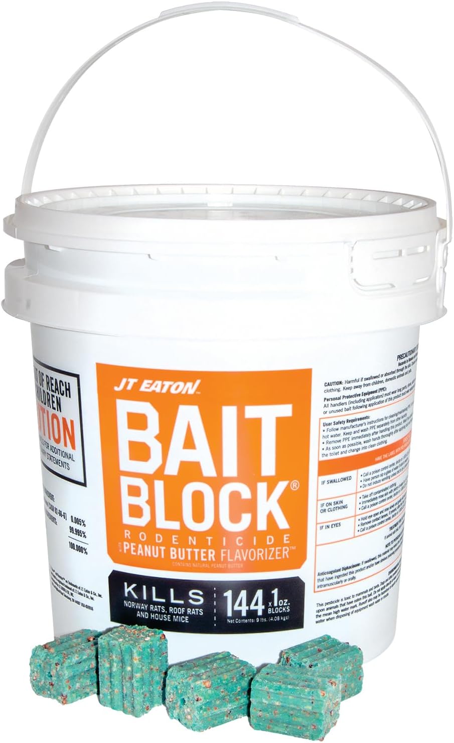 JT Eaton 709-PN Bait Block Anticoagulant Rodenticide, Peanut Butter Flavor, for Mice and Rats (9 lb Pail of 144)