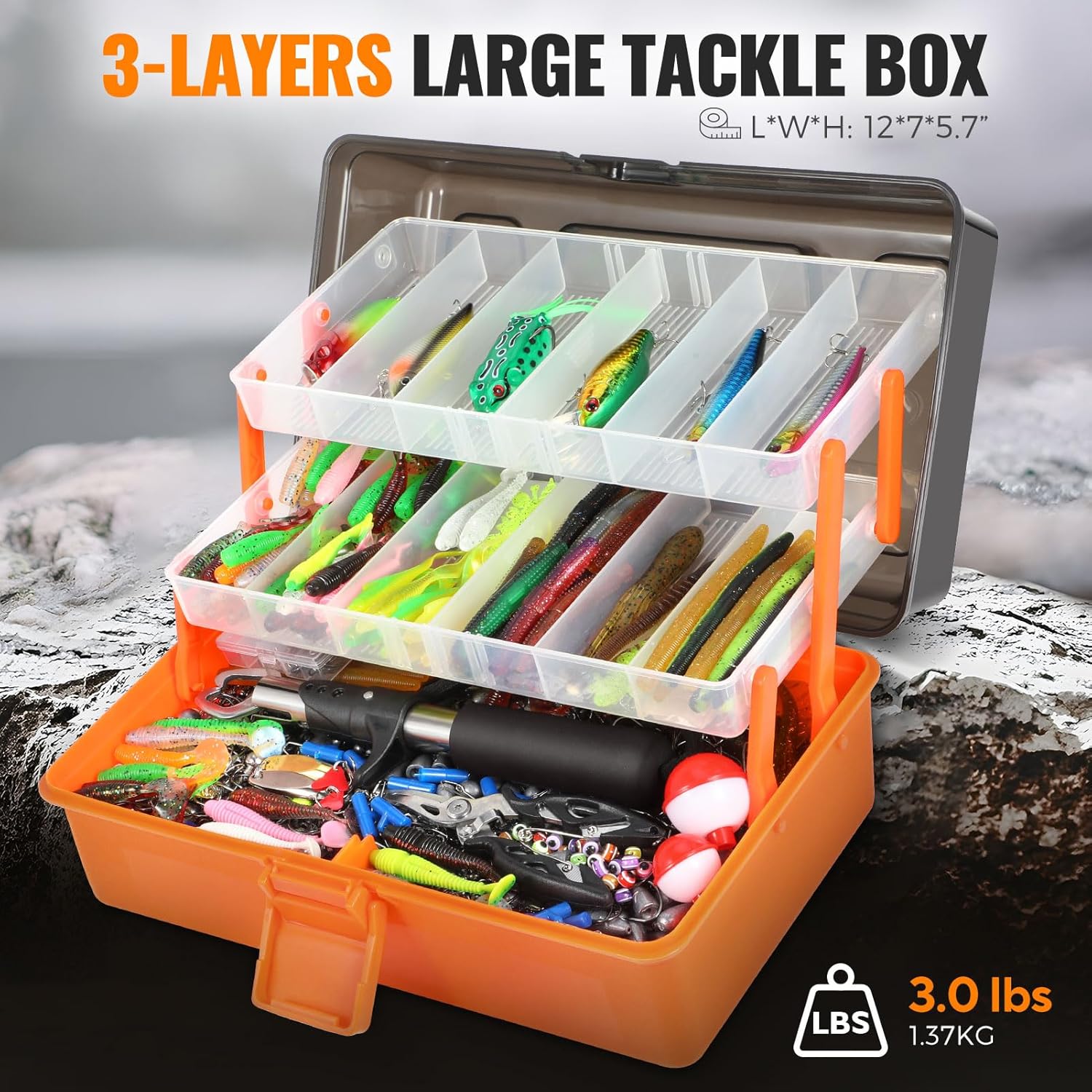 PLUSINNO Large 3 Layers Tackle Box with Tackle Included, 415Pcs Fishing Lures Kit Contains Pliers, Crankbait, Hooks, Weights & Accessories, Comprehensive Bait Lure Gear Gifts for Men Bass Freshwater - Image 3